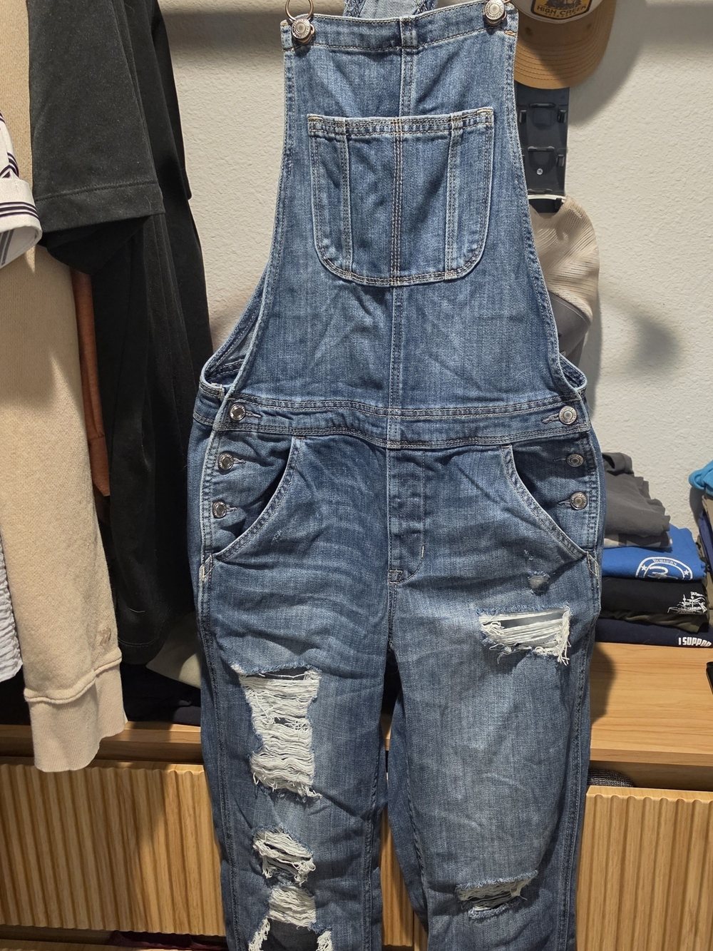 American Eagle Outfitters Distressed Blue Denim Women's Overalls